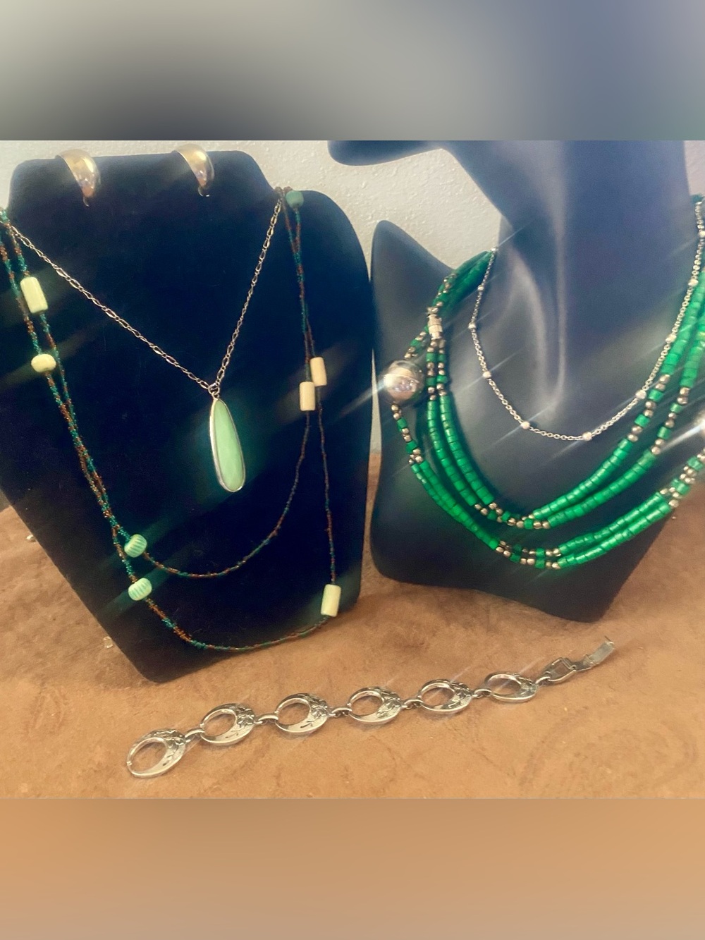 Boho chic Green, Brown and Silver Beaded Multi-Strand Necklaces earthy tones